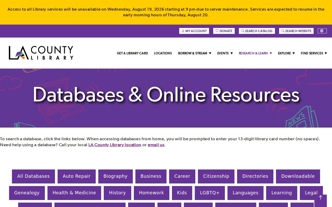 Agoura Hills city directory view of Los Angeles County Library research databases