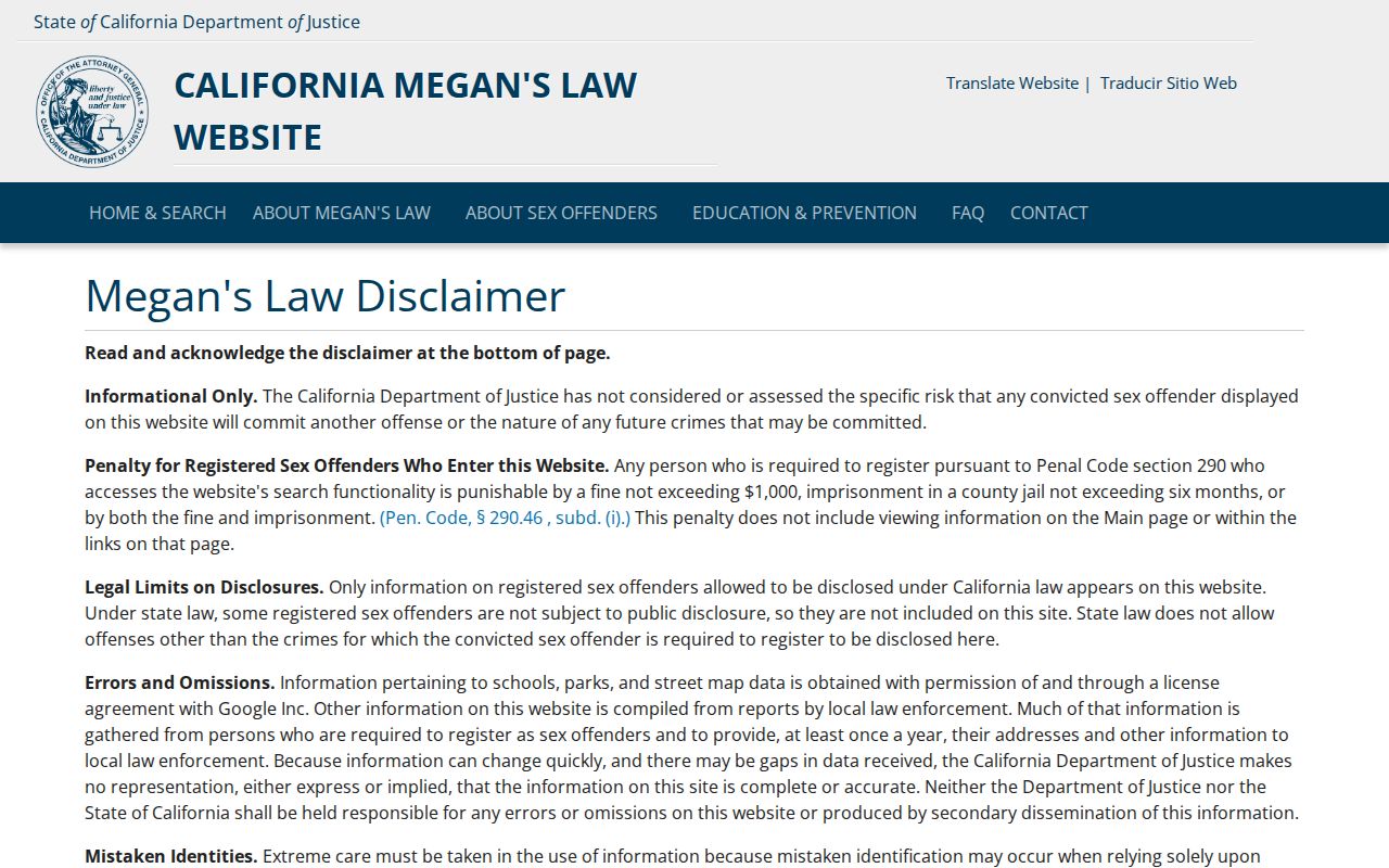 Agoura Hills resident lookup view of the California Megan's Law search