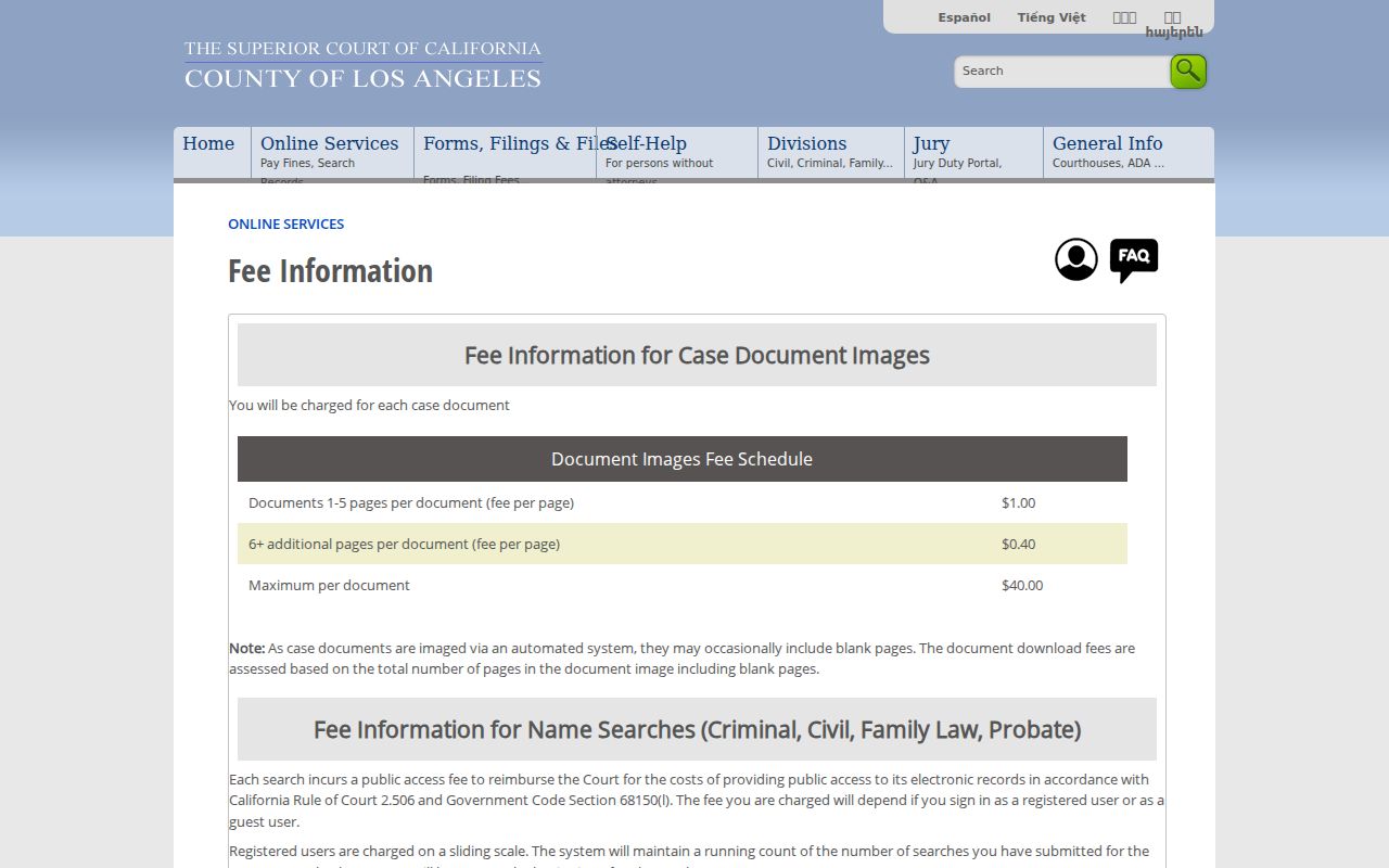 Agoura Hills resident lookup view of Los Angeles Superior Court name search fees