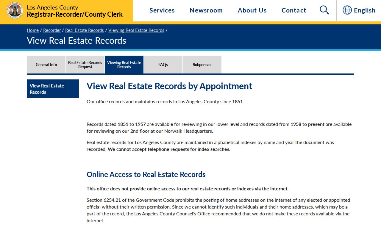 Agoura Hills street directory view of Los Angeles County recorder index access rules