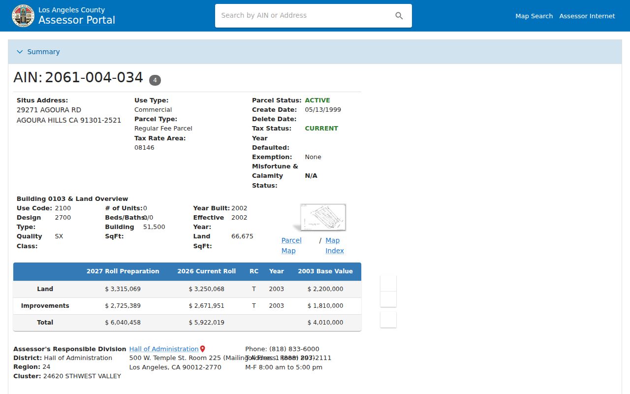 Agoura Hills street directory view of a sample Assessor parcel detail