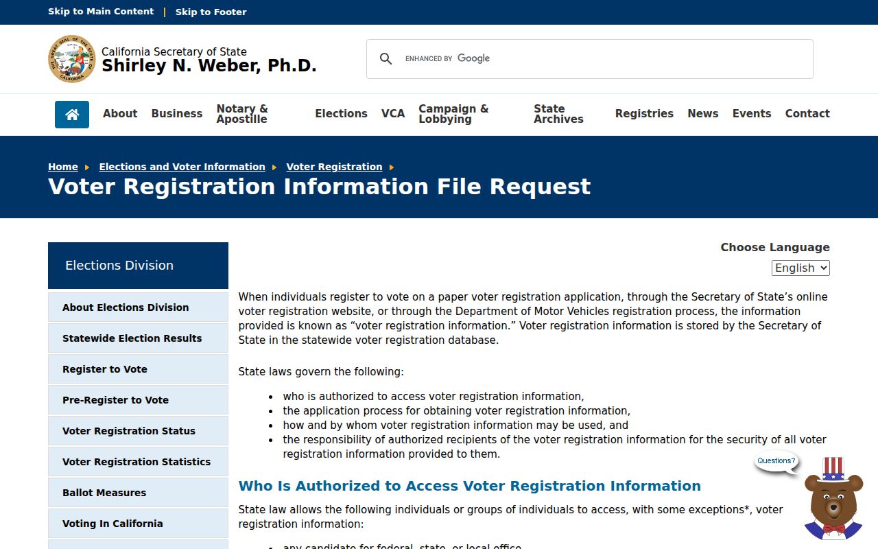 Agoura Hills ZIP code directory view of California voter-file request rules